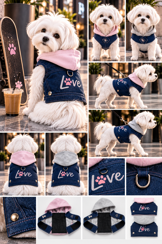 FIRST PRESS - PETS - URBAN CORE COLLECTION - First Press™ Denim Love Hoodie Harness Vest