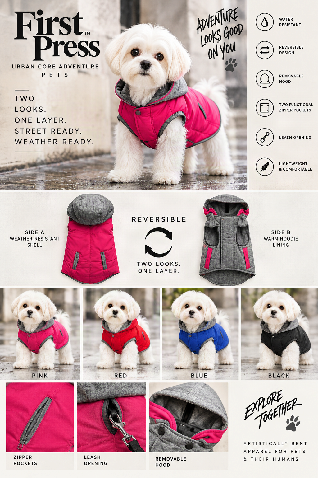 FIRST PRESS - PETS - URBAN CORE ADVENTURE COLLECTION - Reversible Hooded Coat