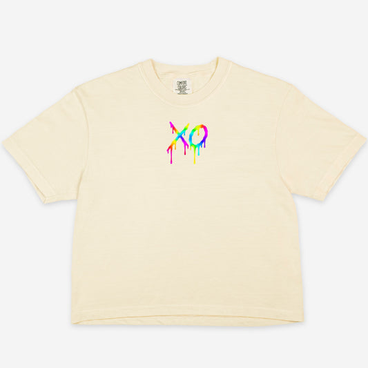 FIRST PRESS - HUMAN EDITION - WOMEN'S CROPPED BOXY TEE - "Neon XO"